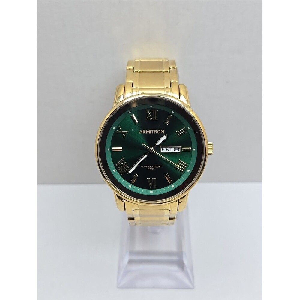 Armitron Mens Gold Tone Green Dial Day Date Quartz Watch 20/4935GP New Battery